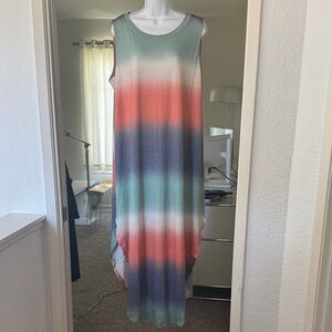 Zenana 2X Sleeveless Ombre Stripe Maxi Dress - Coral & Mint side pockets